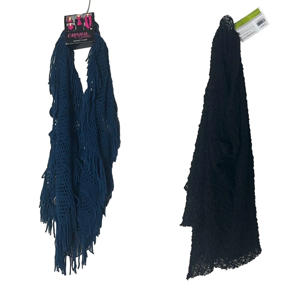 NEW Set of 2 Fashion Scarves Blue Infinity Scarf, Black Poncho Cape Shrug
